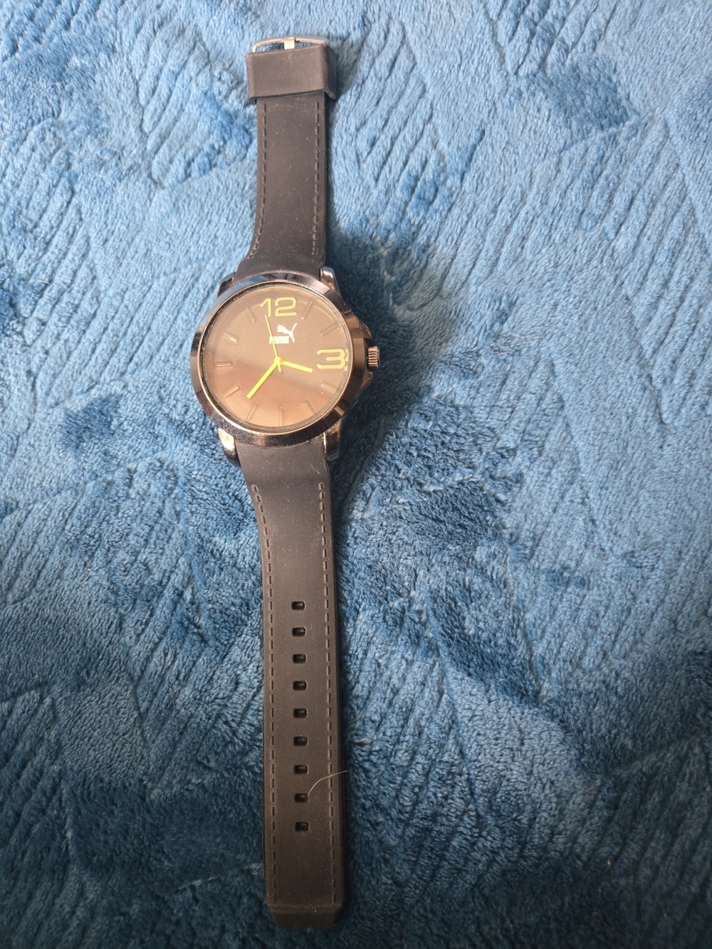Puma Womans Black Strap Watch with Yellow Dial Accents